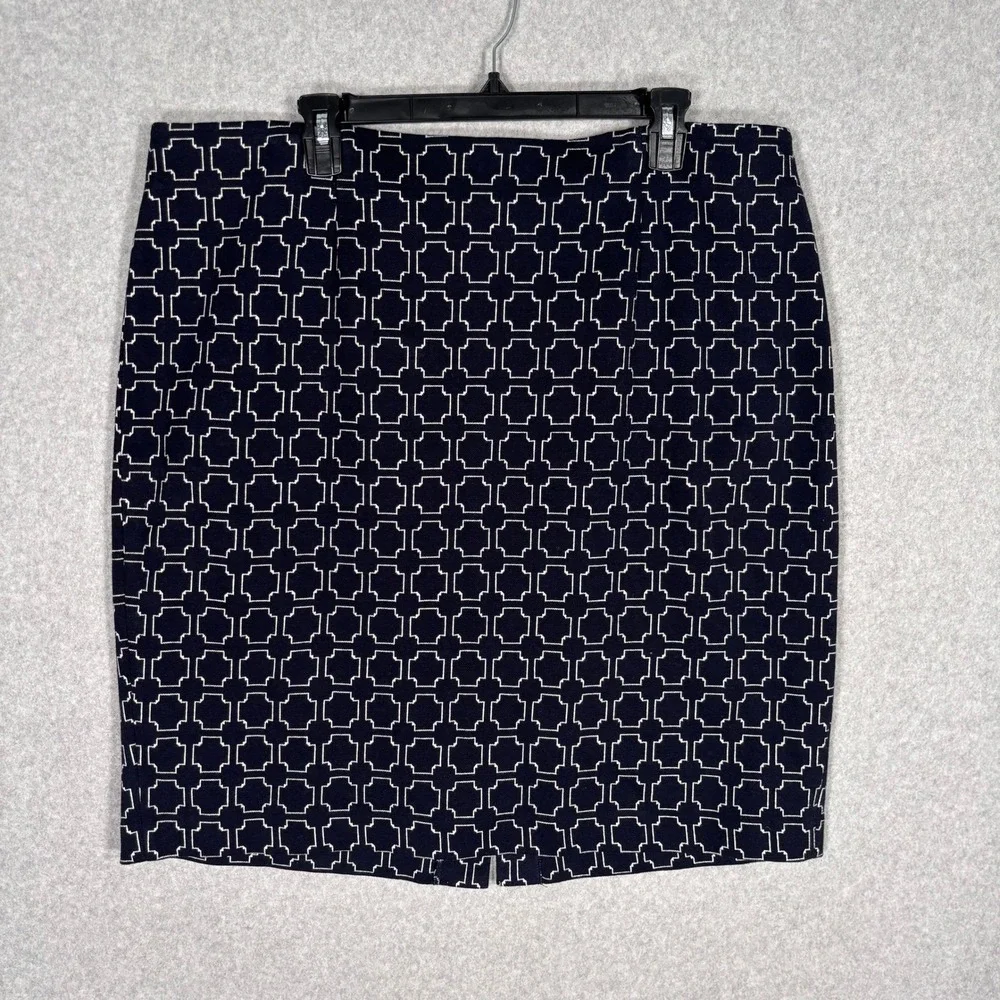Talbots Mini Skirt 14W Navy White Geometric Ponte Knit Stretch Career Classic